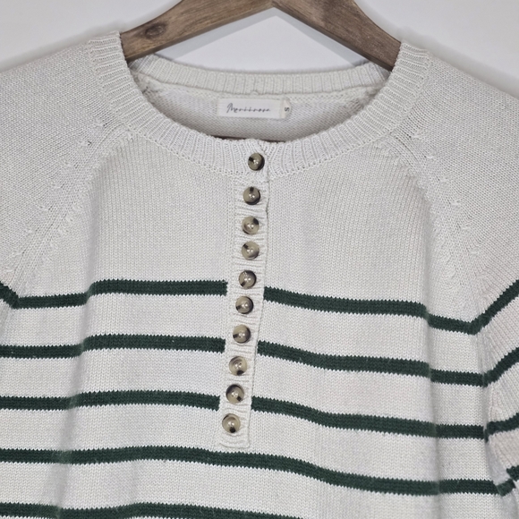 Cream Green Striped Henley Sweater M - Picture 3 of 7